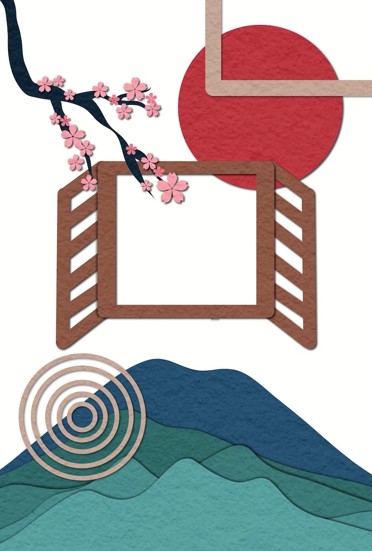 PSD desenho de arte de parede com elementos grométricos abstratos e cenário de flores de cerejeira e montanhas