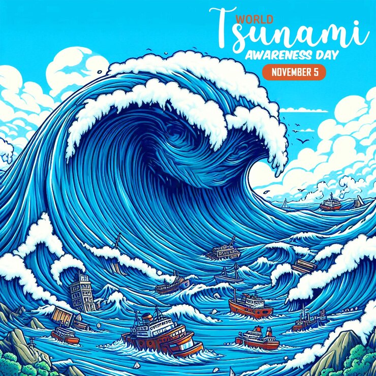 PSD desenho de banner de fundo do dia mundial de conscientização sobre tsunamis