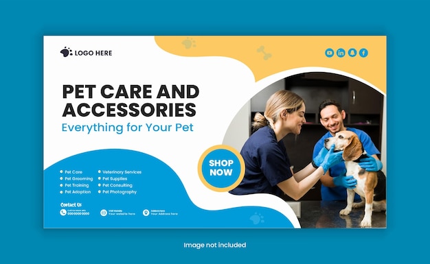 Desenho de banner web para cuidados com animais de estimação e lojas ou modelo de banner horizontal para venda de alimentos e acessórios para animais de estimações