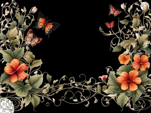 PSD desenho de borda com videira e borboletas png transparente