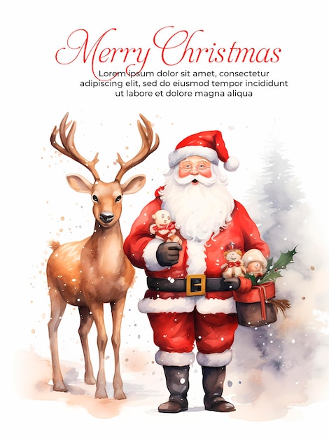Desenho de cartão de felicitações de Feliz Natal com Papai Noel e renas