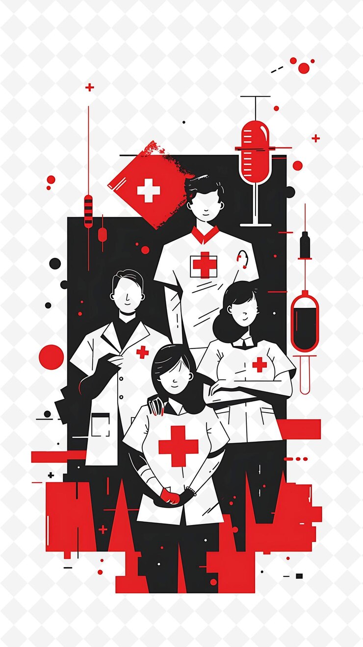 PSD desenho de cartaz de ilustração plana de um hospital ou centro de cuidados de saúde com profissionais médicos