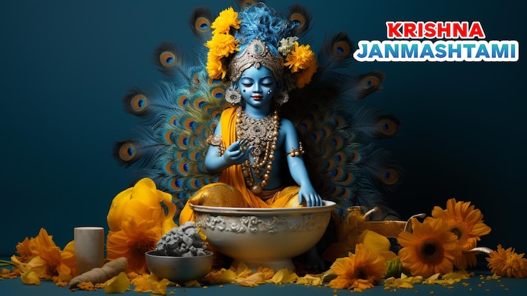 PSD desenho de cartaz do festival happy krishna janmashtami