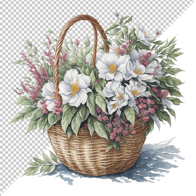 Desenho de cesta de flores em aquarela