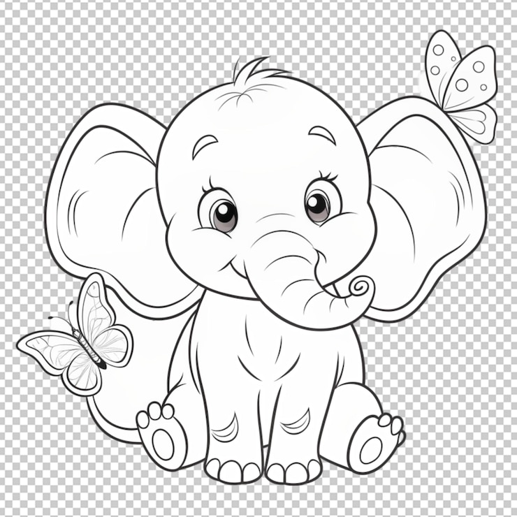 PSD desenho de contorno de bebê elefante e borboleta