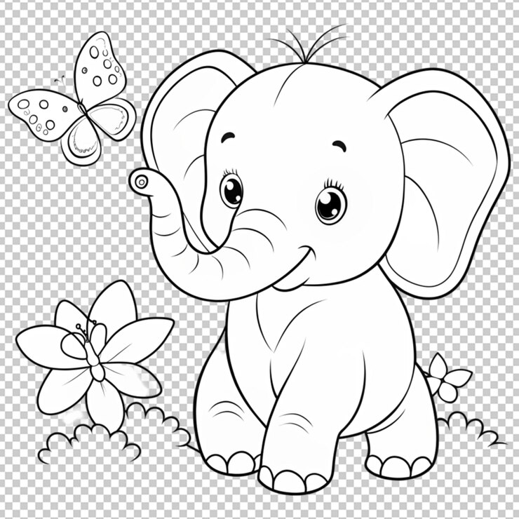 PSD desenho de contorno de bebê elefante e borboleta