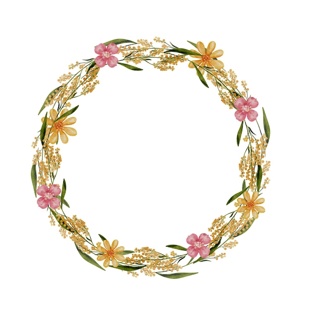 Desenho de coroa de Páscoa feliz com flores rosas, elementos de primavera e decorações bonitas desenhadas à mão