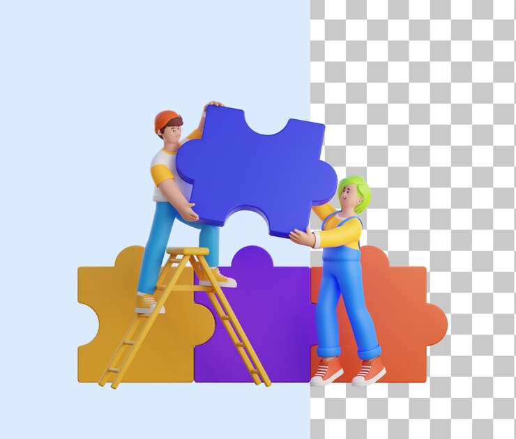 PSD desenho de duas pessoas em uma escada com uma peça de quebra-cabeça no topo.