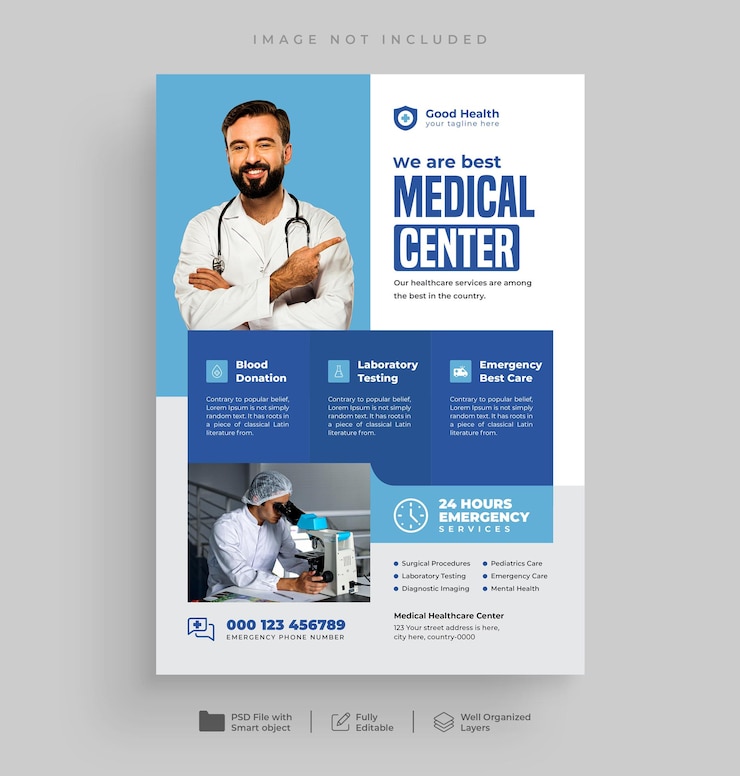 PSD desenho de folheto de cuidados de saúde médicos e modelo de página de capa de brochura