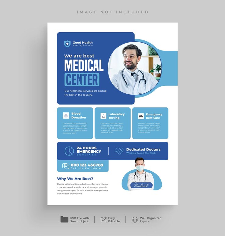 PSD desenho de folheto de cuidados de saúde médicos e modelo de página de capa de brochura