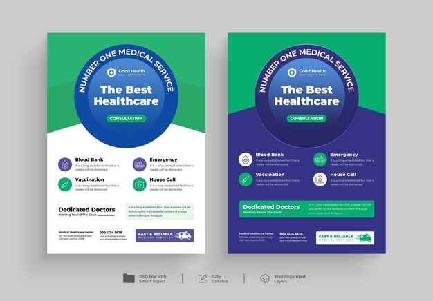 PSD desenho de folheto de cuidados de saúde médicos e modelo de página de capa de brochura