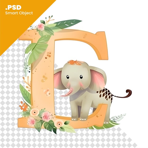 Desenho de fonte para letra maiúscula e com ilustração de elefante e flores modelo psd