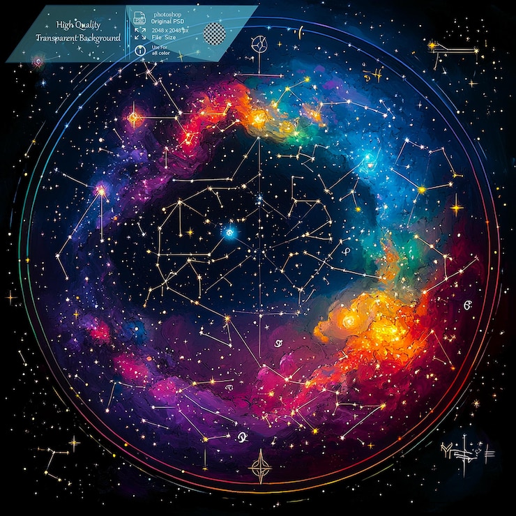 PSD desenho de fundo com constelações do zodíaco e o texto em fundo transparente
