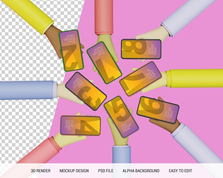 PSD desenho de maquete 3d render mãos segurando smartphones ilustração isolada premium psd