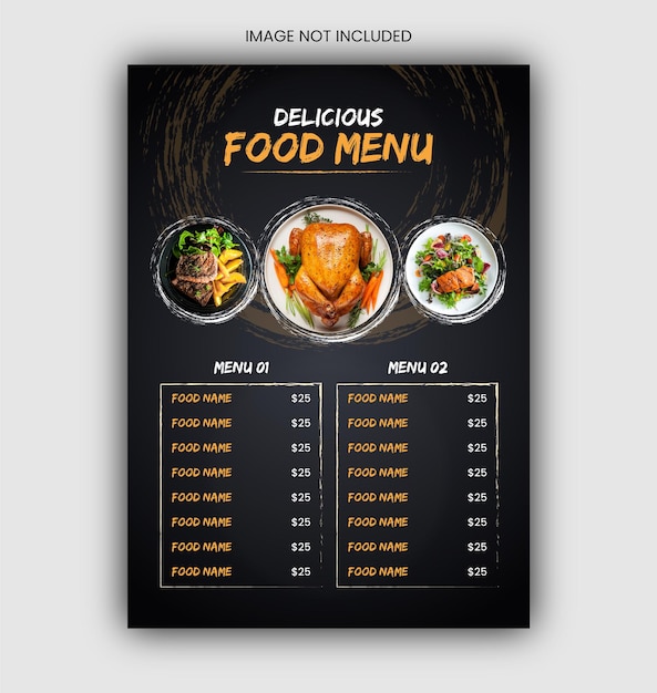 Desenho de menu de comida deliciosa ou modelo de design de panfleto em cor escura