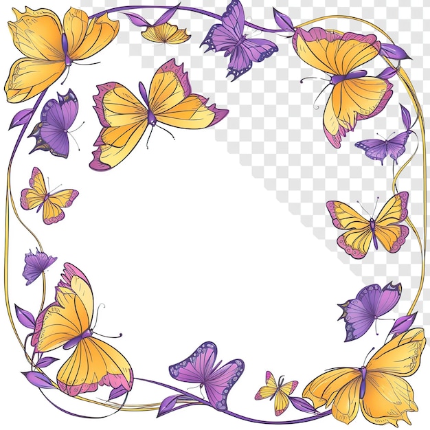 Desenho de moldura de borboleta de desenho animado amarelo e roxo em fundo transparente