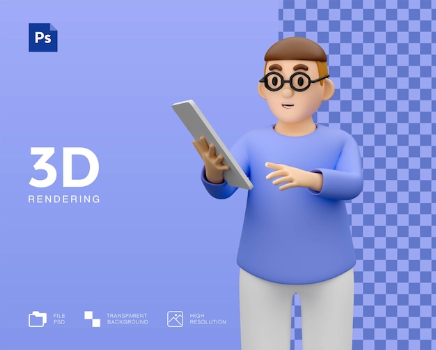 Desenho de renderização 3D isolado de homem com tablet