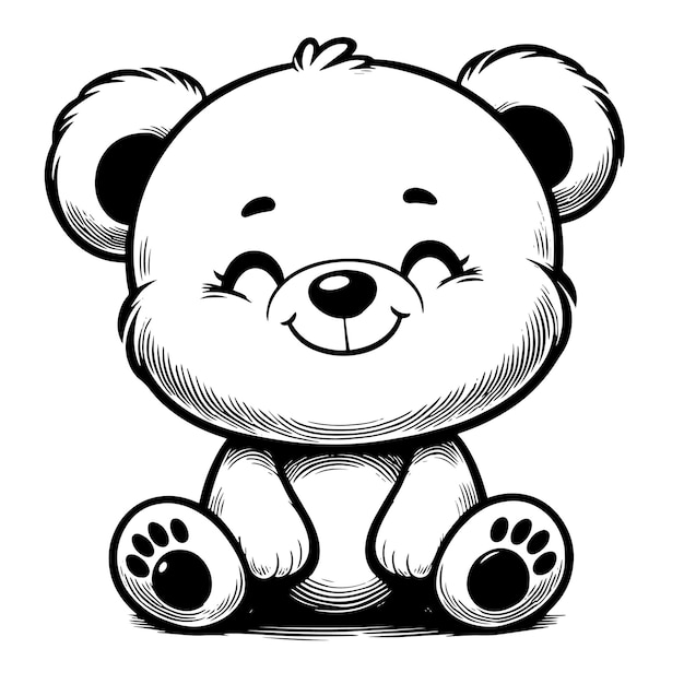 PSD desenho de silhueta preto e branco de um ursinho de pelúcia branco, fofo, engraçado e feliz