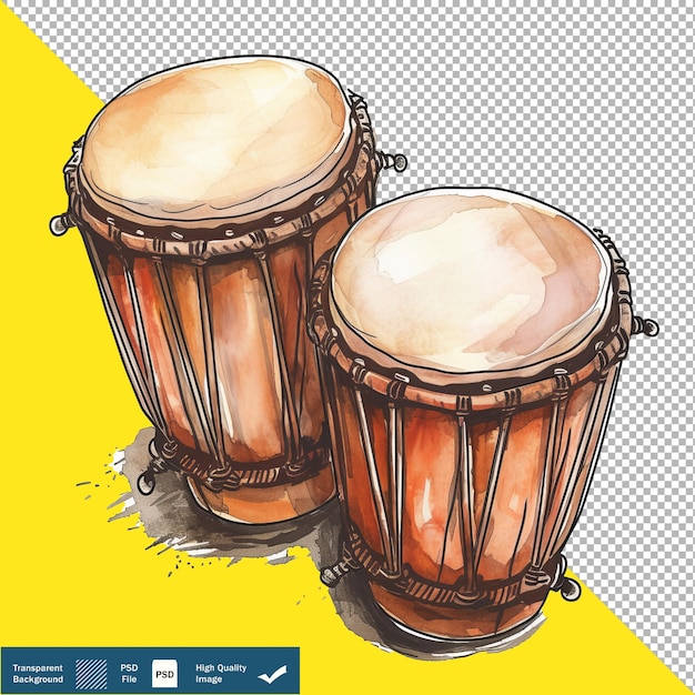 PSD desenho de tambores de bongo folha isolada branca fundo fundo transparente png psd