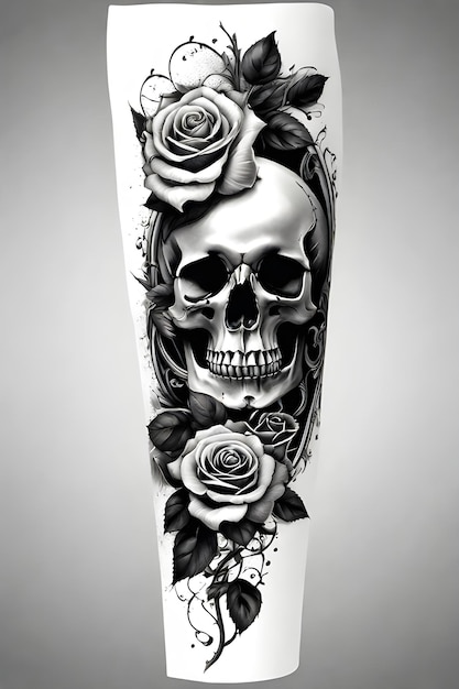 Desenho de tatuagem de caveira com rosas em meia manga