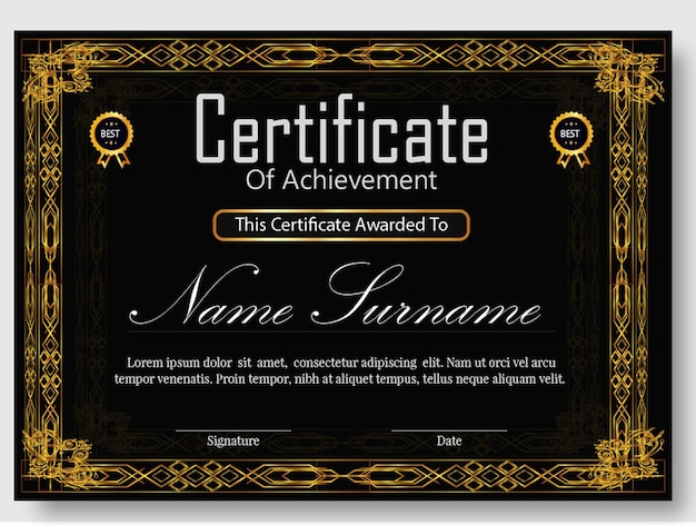 Desenho do certificado e moldura com cor preta e dourada