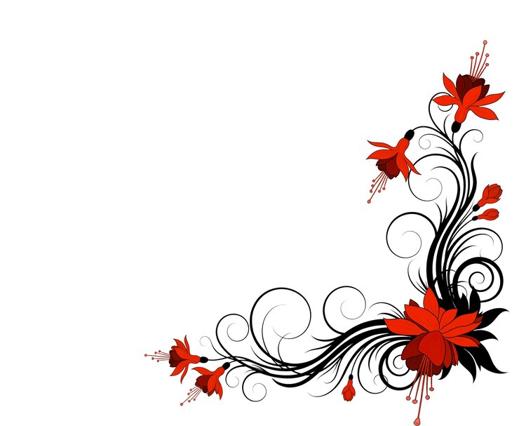 PSD desenho elegante de canto floral com flores de fuquia vermelha e redemoinhos pretos