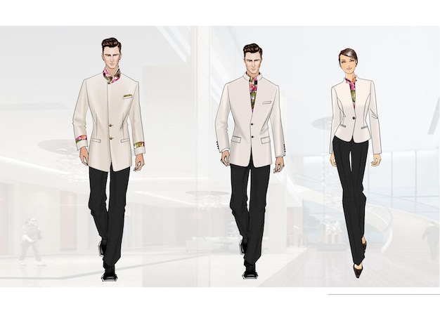 Desenho elegante de uniforme para pessoal blazer branco e calças pretas