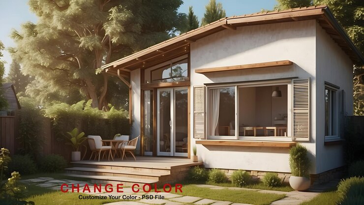 PSD desenho exterior de casa pequena com um espaço de estacionamento de carro imóvel casa exterior frente elevação com