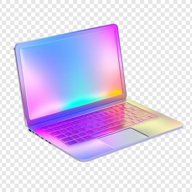 PSD desenho iridescente colorido de laptop tecnologia moderna teclado de tela brilhante