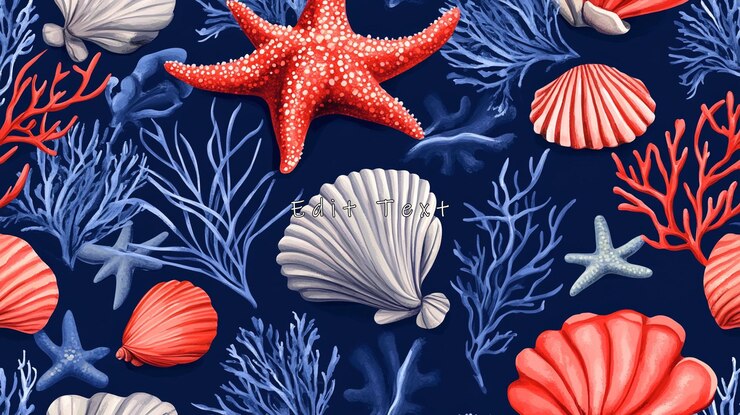 PSD desenho perfeito de conchas de estrelas-do-mar e corais sobre um fundo azul escuro