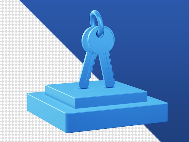 Desenhos animados 3d renderizam ícones de proteção de segurança de chaves azuis com pódio para projetos de aplicativos móveis da web ui ux
