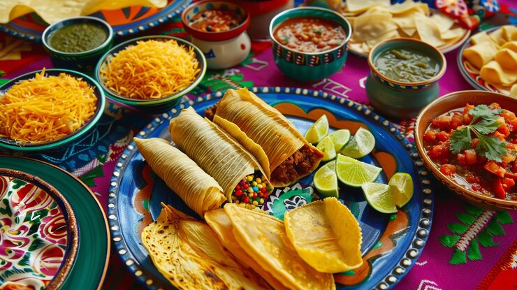 PSD desenhos realistas de comida mexicana tacos quesadillas enchiladas tamales e fundos festivos