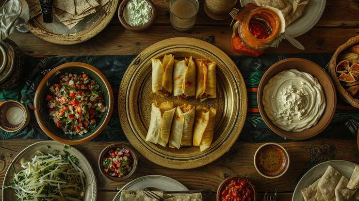 PSD desenhos realistas de comida mexicana tacos quesadillas enchiladas tamales e fundos festivos