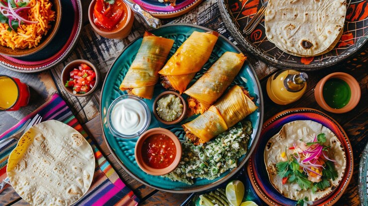 PSD desenhos realistas de comida mexicana tacos quesadillas enchiladas tamales e fundos festivos
