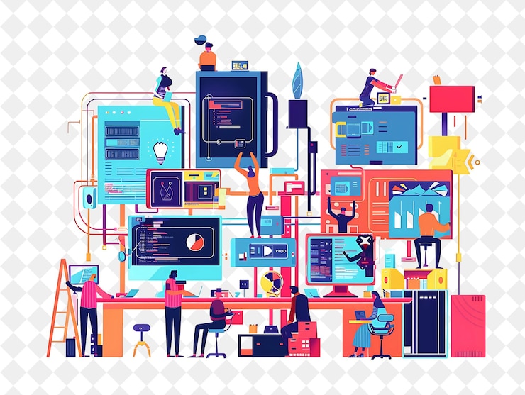 PSD desenvolvedor de aplicativos futuristas com codificação e design de caracteres em png pessoas em ilustração de trabalho diário