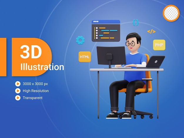 PSD desenvolvedor web 3d trabalhando na ilustração do projeto