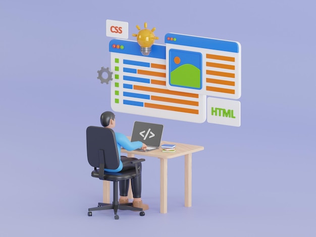 Desenvolvimento Web e codificação Ilustração 3D de desenvolvimento Web para site e site móvel