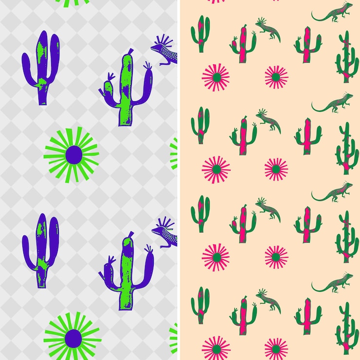 PSD desert patterns with cactus lizard and sun silhouettes earth png traditional abstract designs