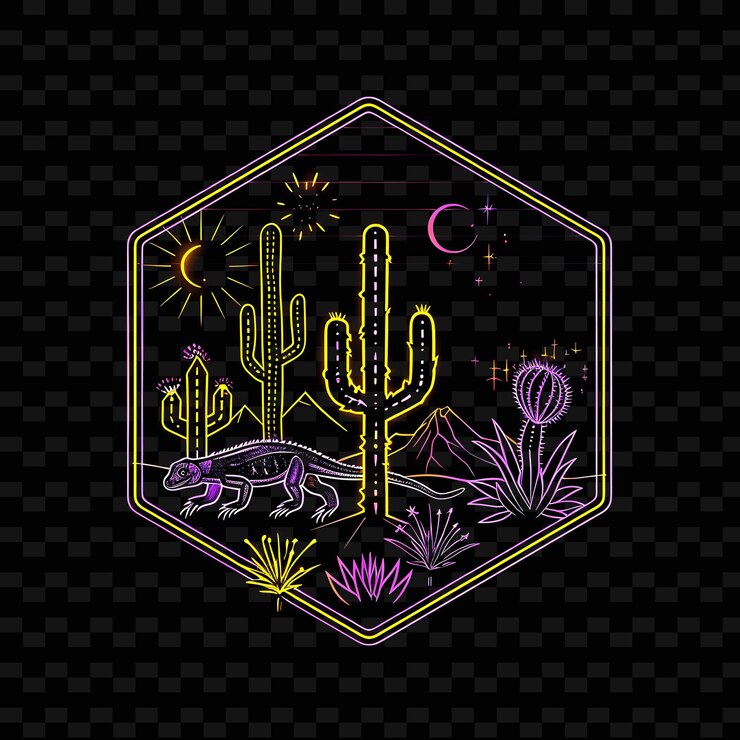 PSD desertos subtropicales brillantes de neón dentro de una silueta ilustración hexa diseños de paisajes naturales
