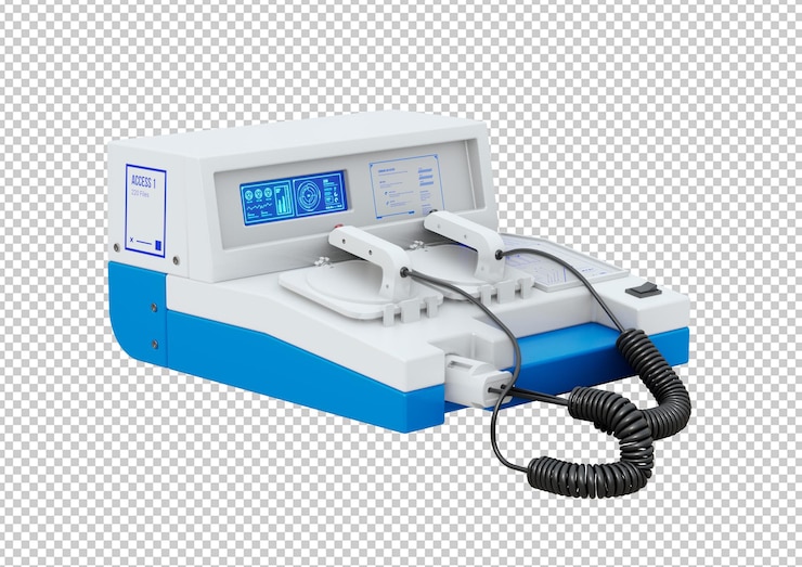 PSD desfibrilador externo automático portátil aislado sobre fondo blanco. representación 3d