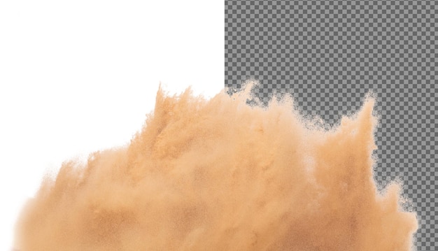 Desfoque a imagem de Pequena areia fina voando explosão onda de grãos dourados explodir sopro nuvem de areia abstrata areia de cor amarela salpicar no ar fundo branco isolado obturador de alta velocidade congelar