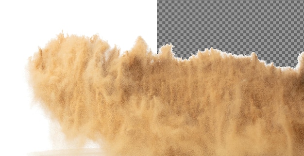 Desfoque a imagem de Pequena areia fina voando explosão onda de grãos dourados explodir sopro nuvem de areia abstrata areia de cor amarela salpico tempestade no ar fundo branco congelamento isolado