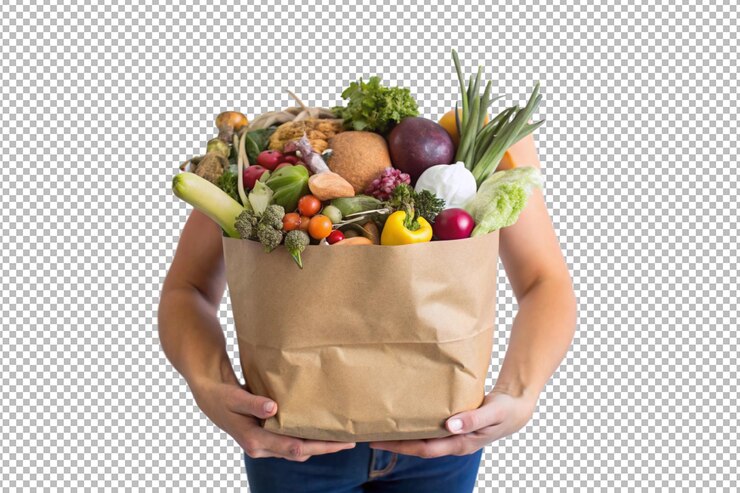 PSD deshechos de alimentos orgánicos en bolsas de papel y en manos prácticas sostenibles 2
