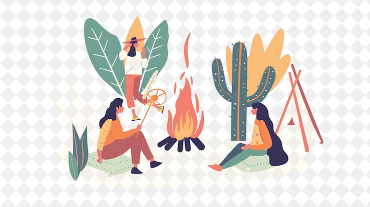 PSD desierto de bohemia con personajes que tienen un diseño de hoguera es la ilustración plana del estilo de vida de la gente