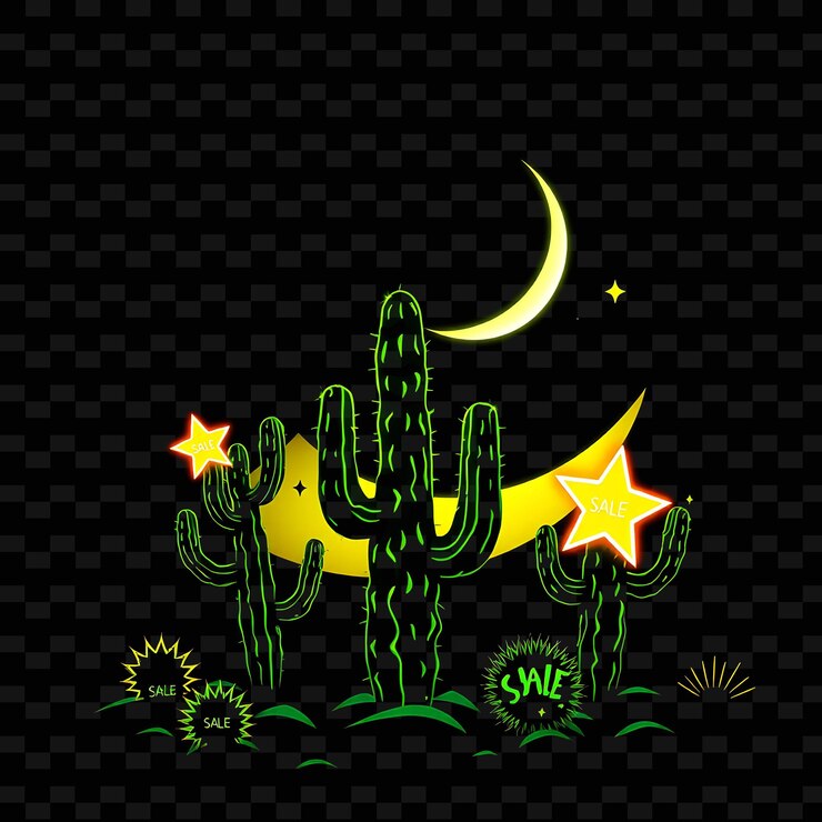 PSD desierto iluminado por la luna de neón brillante en una silueta de cactus media luna con etiquetas de precio de neón y estrellas en forma