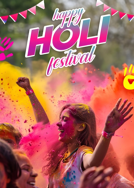 PSD design d'affiche de félicitations happy holi pour les médias sociaux festival indien coloré avec texte modifiable