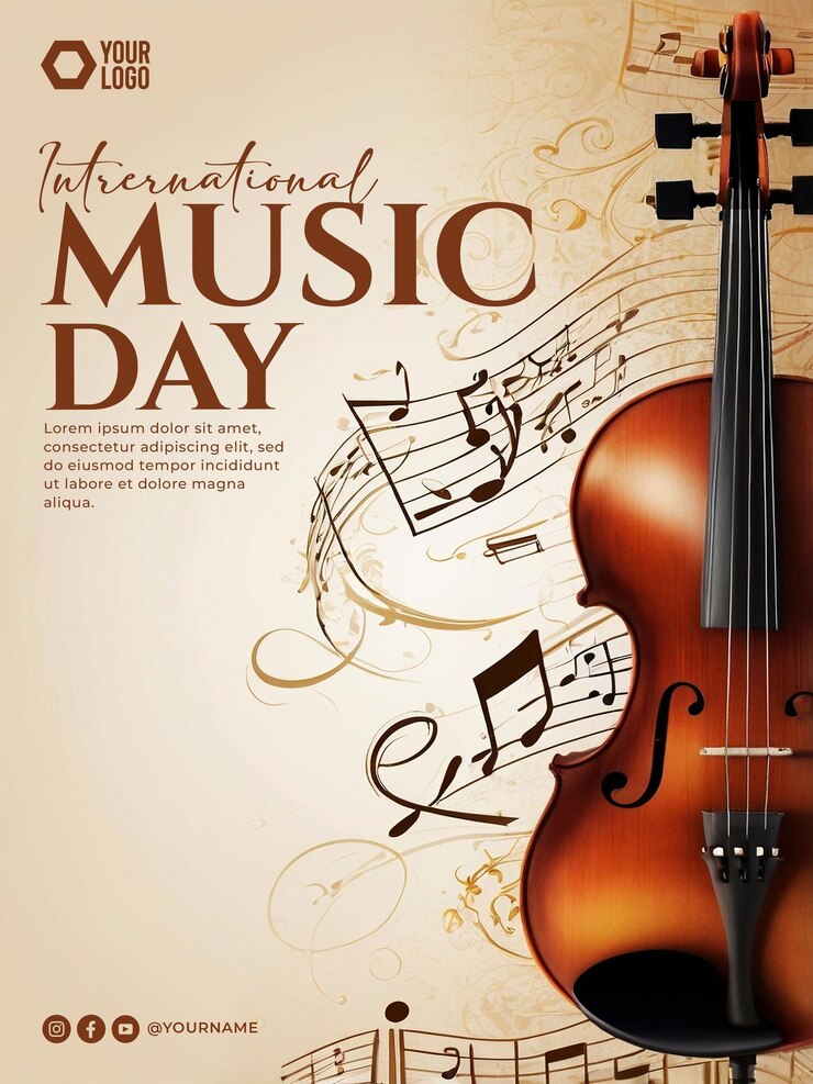 PSD design d'affiche de la journée internationale de la musique avec un fond d'instrument de musique