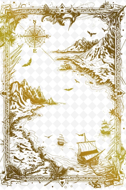 Design de carte postale d'aventure Png avec un cadre de boussole Style complet Outline Arts Scribble Décoratif