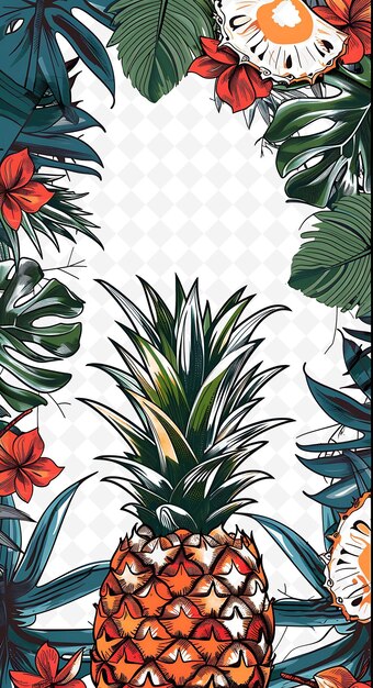 PSD design de carte postale tropicale png avec un cadre d'ananas style complet outline arts scribble décoratif