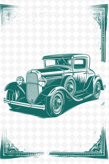 PSD design de carte postale de voiture vintage avec cadre classique design de style outline arts scribble décoratif